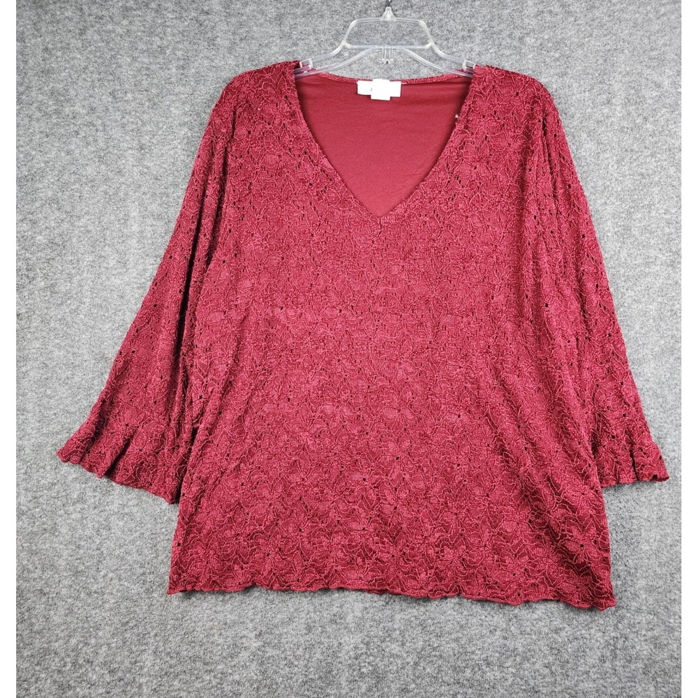 Dressbarn Lace‎ Top Womens 3X Burgundy V-Neck Ruffle Sleeve Vintage USA 64560DR